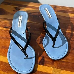 Vintage Manolo Blahnik Blue Leather Thong Sandals with Black Patent Straps